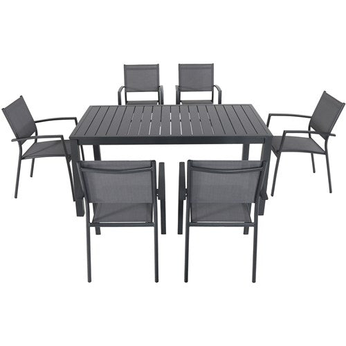 Hanover - Naples 7pc: 6 Aluminum Sling Chairs, 63x35" Aluminum Slat Table - Gray/Gray-United Backyard