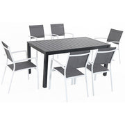 Hanover - Naples 7pc: 6 Aluminum Sling Chairs, 63x35" Aluminum Slat Table - White/Gray-United Backyard