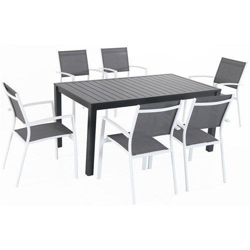 Hanover - Naples 7pc: 6 Aluminum Sling Chairs, 63x35" Aluminum Slat Table - White/Gray-United Backyard