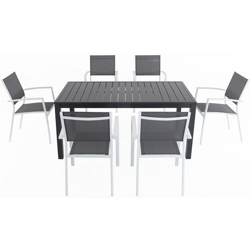 Hanover - Naples 7pc: 6 Aluminum Sling Chairs, 63x35" Aluminum Slat Table - White/Gray-United Backyard