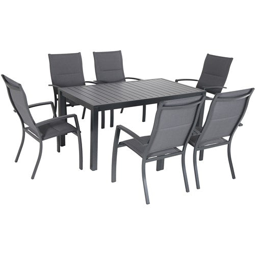 Hanover - Naples 7pc: 6 High Back Padded Sling Chairs, 63x35" Aluminum Slat Table - Gray/Gray-United Backyard