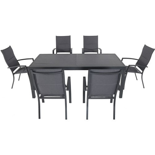 Hanover - Naples 7pc: 6 High Back Padded Sling Chairs, Aluminum Extension Table - Gray/Gray-United Backyard
