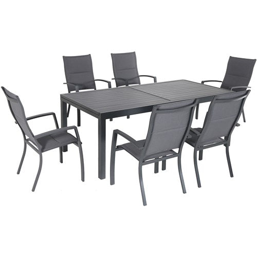 Hanover - Naples 7pc: 6 High Back Padded Sling Chairs, Aluminum Extension Table - Gray/Gray-United Backyard
