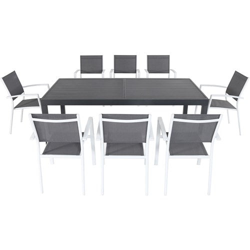Hanover - Naples 9pc: 8 Aluminum Sling Chairs, Aluminum Extension Table - White/Gray-United Backyard