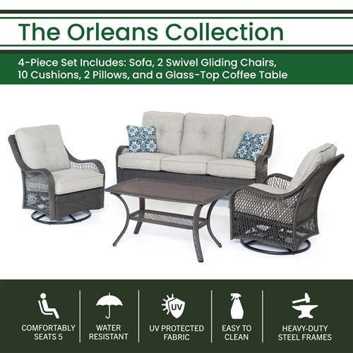 Hanover - Orleans 4pc Seating Set: 2 Swivel Gliders, Sofa, Coffee Table - Gray/Silver-United Backyard