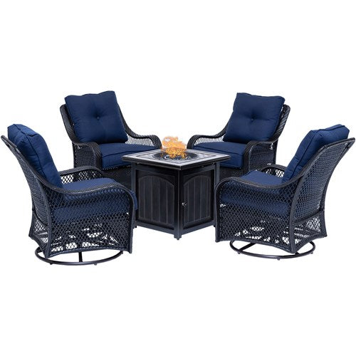 Hanover - Orleans 5pc: 4 Swivel Gliders and 26" Square Fire Pit - Navy/Bronze-United Backyard