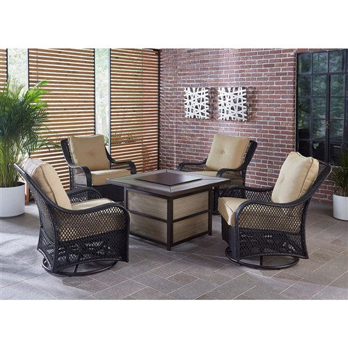 Hanover - Orleans 5pc Fire Pit: 4 Swivel Gliders, Square KD Fire Pit w/Tile - Tan/Tile-United Backyard