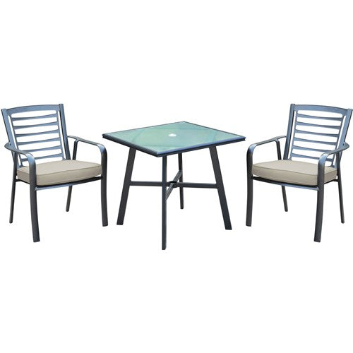 Hanover - Pemberton 3pc: 2 Aluminum Dining Chairs w/ Cushion and 1 30" Square Glass Table - Cast Ash/Gunmetal-United Backyard