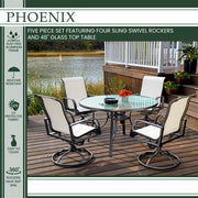 Hanover - Phoenix 5pc: 4 Alum Sling Swivel Rockers, 48" Round Glass Dining Table - White/Grey-United Backyard