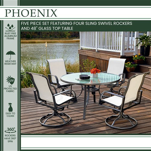 Hanover - Phoenix 5pc: 4 Alum Sling Swivel Rockers, 48" Round Glass Dining Table - White/Grey-United Backyard