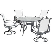 Hanover - Phoenix 5pc: 4 Alum Sling Swivel Rockers, 48" Round Glass Dining Table - White/Grey-United Backyard
