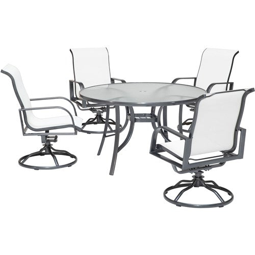 Hanover - Phoenix 5pc: 4 Alum Sling Swivel Rockers, 48" Round Glass Dining Table - White/Grey-United Backyard