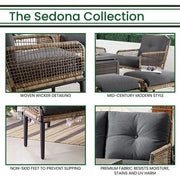 Hanover - Sedona 6pc Fire Pit Set: 2 Chairs, Sofa, 2 Ottomans, Slat Fire Pit - Tan/Charcoal-United Backyard