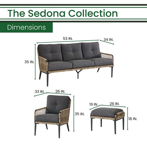 Hanover - Sedona 6pc Fire Pit Set: 2 Chairs, Sofa, 2 Ottomans, Slat Fire Pit - Tan/Charcoal-United Backyard