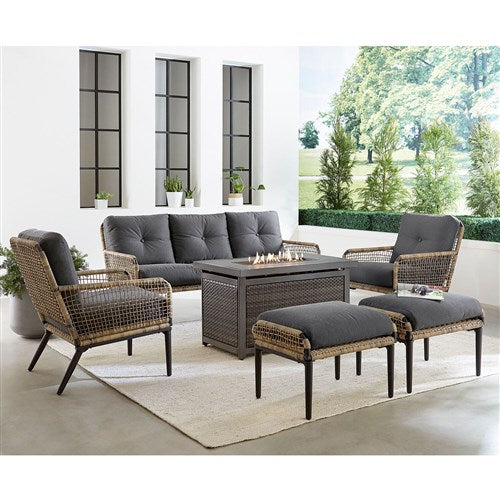 Hanover - Sedona 6pc Fire Pit Set: 2 Chairs, Sofa, 2 Ottomans, Slat Fire Pit - Tan/Charcoal-United Backyard