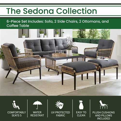 Hanover - Sedona 6pc Set: 2 Chairs, Sofa, 2 Ottomans, Glass Top Coffee Table - Tan/Charcoal-United Backyard