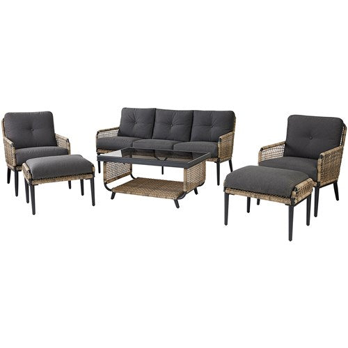 Hanover - Sedona 6pc Set: 2 Chairs, Sofa, 2 Ottomans, Glass Top Coffee Table - Tan/Charcoal-United Backyard