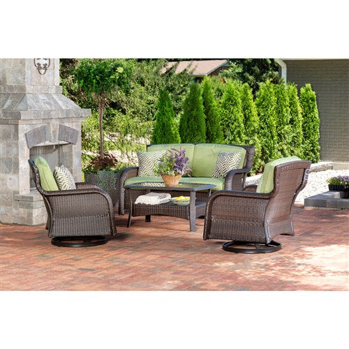 Hanover - Strathmere 4pc: Loveseat, 2 Swivel Gliders, Woven Coffee Table - Brown/Green-United Backyard