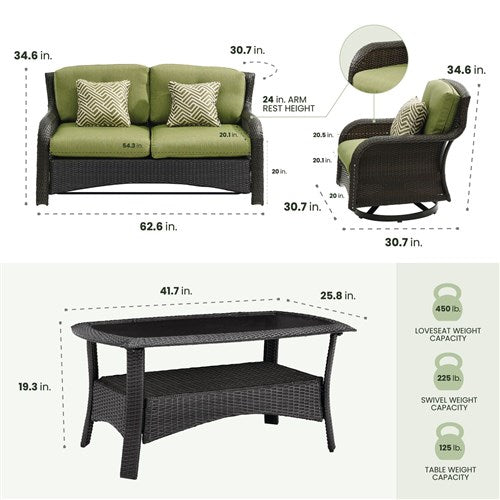 Hanover - Strathmere 4pc: Loveseat, 2 Swivel Gliders, Woven Coffee Table - Brown/Green-United Backyard