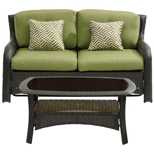Hanover - Strathmere 4pc: Loveseat, 2 Swivel Gliders, Woven Coffee Table - Brown/Green-United Backyard