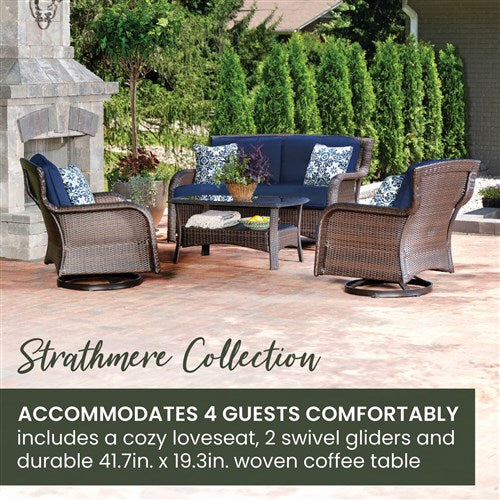 Hanover - Strathmere 4pc: Loveseat, 2 Swivel Gliders, Woven Coffee Table - Brown/Navy-United Backyard