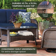 Hanover - Strathmere 4pc: Loveseat, 2 Swivel Gliders, Woven Coffee Table - Brown/Navy-United Backyard