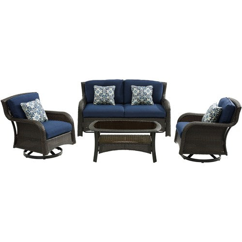 Hanover - Strathmere 4pc: Loveseat, 2 Swivel Gliders, Woven Coffee Table - Brown/Navy-United Backyard