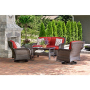 Hanover - Strathmere 4pc: Loveseat, 2 Swivel Gliders, Woven Coffee Table - Brown/Red-United Backyard