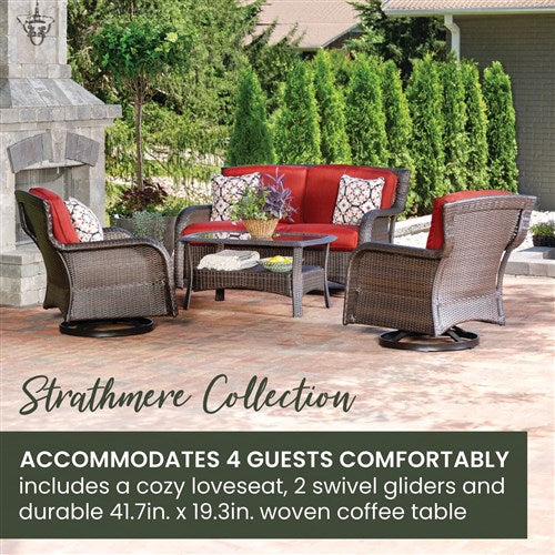 Hanover - Strathmere 4pc: Loveseat, 2 Swivel Gliders, Woven Coffee Table - Brown/Red-United Backyard
