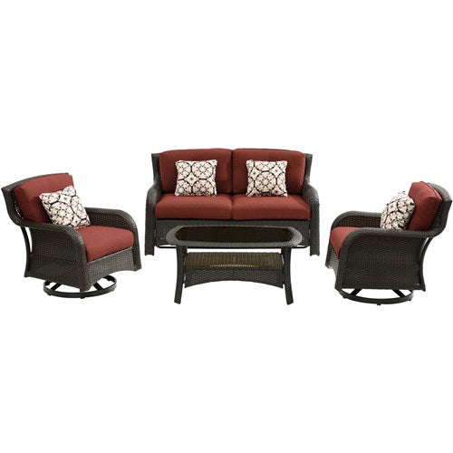 Hanover - Strathmere 4pc: Loveseat, 2 Swivel Gliders, Woven Coffee Table - Brown/Red-United Backyard