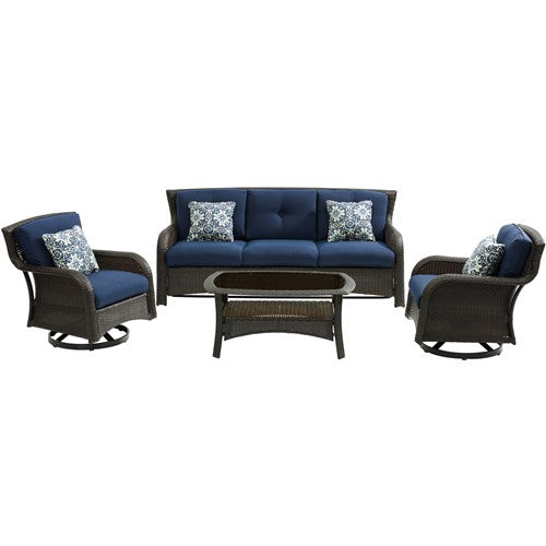Hanover - Strathmere 4pc: Sofa, 2 Swivel Gliders, Woven Coffee Table - Brown/Navy-United Backyard