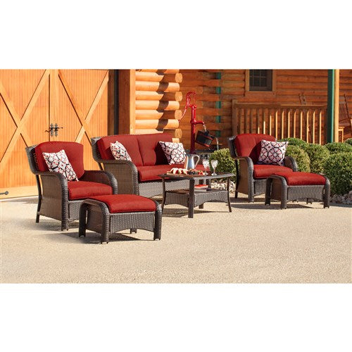 Hanover - Strathmere 6-pc Deep Seating Set w/Cushions, Coffee Table - Brown/Deep Red-United Backyard