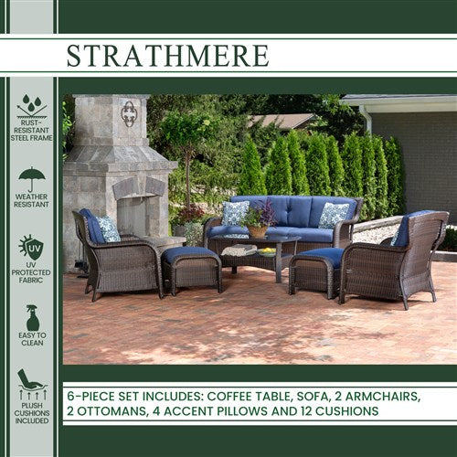Hanover - Strathmere 6pc: Sofa, 2 Side Chairs, 2 Ottomans, Woven Coffee Table - Brown/Navy-United Backyard