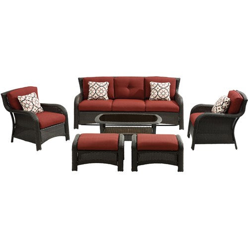 Hanover - Strathmere 6pc: Sofa, 2 Side Chairs, 2 Ottomans, Woven Coffee Table - Brown/Red-United Backyard