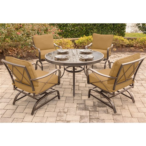 Hanover - Summer Nights 5PC Dining Set: 4 Steel Rockers with 48" Glass Table - Tan-United Backyard