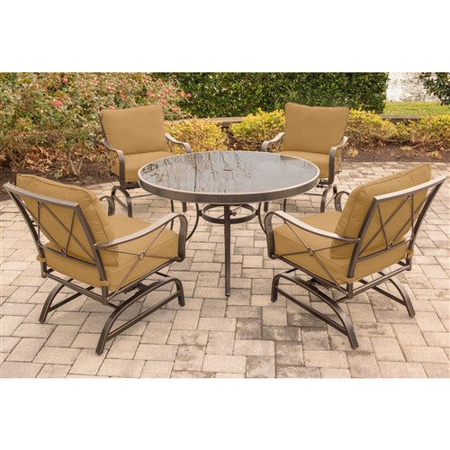 Hanover - Summer Nights 5PC Dining Set: 4 Steel Rockers with 48" Glass Table - Tan-United Backyard