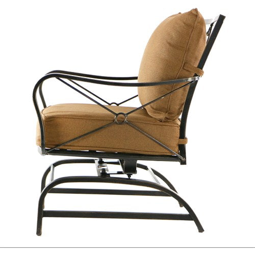 Hanover - Summer Nights 5pc: 4 cushion rockers, woven fire pit with wood tile top - Tan/Durastone-United Backyard