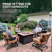 Hanover - Summer Nights 5pc Fire Pit: 4 cushion rockers, woven fire pit with tile top - Tan/Durastone-United Backyard