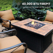 Hanover - Summer Nights 5pc Fire Pit: 4 cushion rockers, woven fire pit with tile top - Tan/Durastone-United Backyard