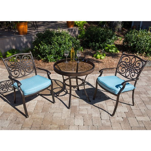 Hanover - Traditions 3pc: 2 Dining Chairs, 30" Round Glass Top Table - Blue/Glass-United Backyard