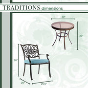 Hanover - Traditions 3pc: 2 Dining Chairs, 30" Round Glass Top Table - Blue/Glass-United Backyard