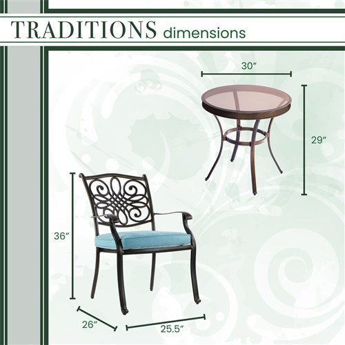 Hanover - Traditions 3pc: 2 Dining Chairs, 30" Round Glass Top Table - Blue/Glass-United Backyard