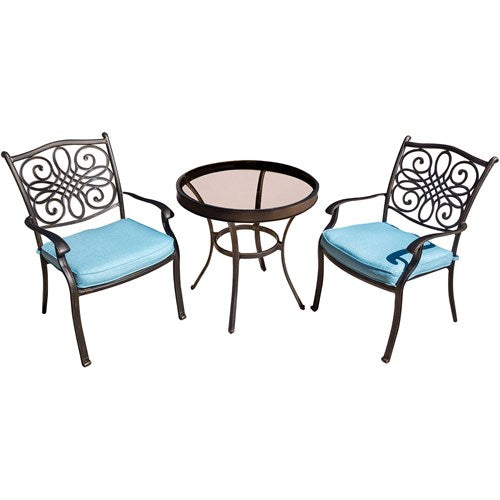 Hanover - Traditions 3pc: 2 Dining Chairs, 30" Round Glass Top Table - Blue/Glass-United Backyard