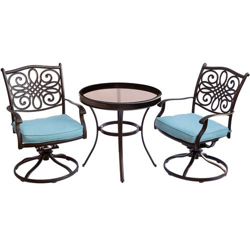 Hanover - Traditions 3pc: 2 Swivel Rockers, 30" Round Glass Top Table - Blue/Glass-United Backyard