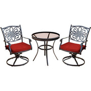 Hanover - Traditions 3pc: 2 Swivel Rockers, 30" Round Glass Top Table - Red/Glass-United Backyard