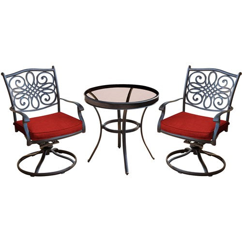 Hanover - Traditions 3pc: 2 Swivel Rockers, 30" Round Glass Top Table - Red/Glass-United Backyard