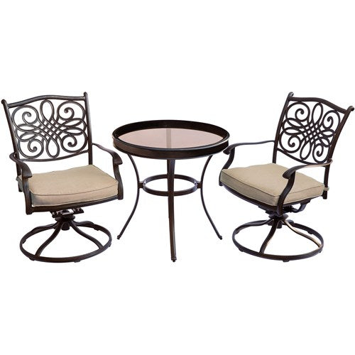 Hanover - Traditions 3pc: 2 Swivel Rockers, 30" Round Glass Top Table - Tan/Glass-United Backyard