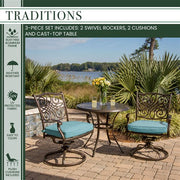 Hanover - Traditions 3pc: 2 Swivel Rockers, 32" Round Cast Table - Blue/Cast-United Backyard