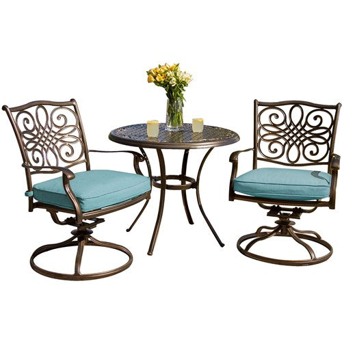 Hanover - Traditions 3pc: 2 Swivel Rockers, 32" Round Cast Table - Blue/Cast-United Backyard