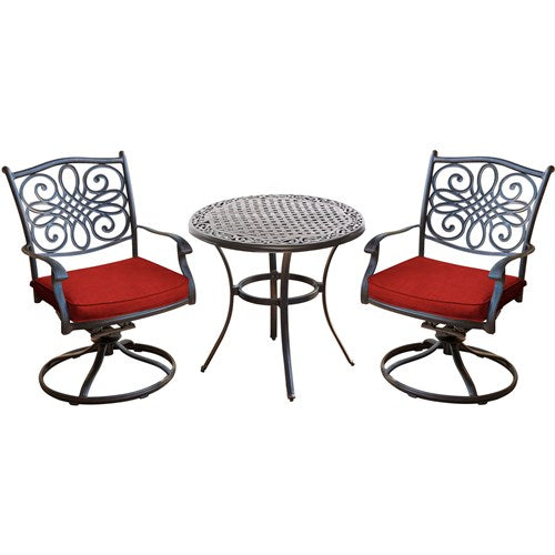 Hanover - Traditions 3pc: 2 Swivel Rockers, 32" Round Cast Table - Red/Cast-United Backyard